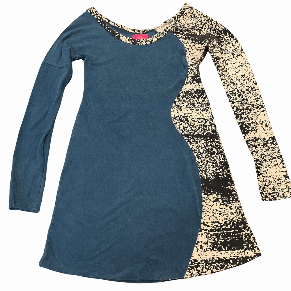 Kelly Lane XS Asymmetrical Long Sleeve Bodycon Dress Teal Abstract